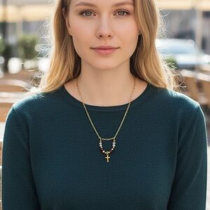 Necklace Handmade Antique Gold Link Cross Sage Green/Cranberry/White Beaded 18”